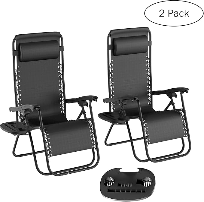 Lavish Home Set of 2 Zero-Gravity Chairs - Folding Patio Furniture - Outdoor Recliners with Side Table, Cup/Phone Holder, and Chair Pillow (Black)