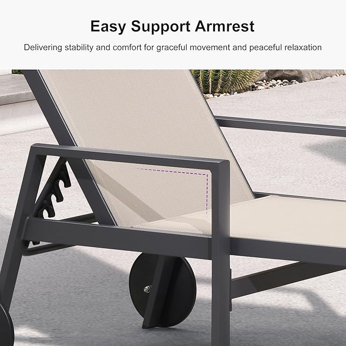 PURPLE LEAF Patio Lounge Chair Set of 3 Outdoor Chaise Lounger Aluminum Frame with Armrest Side Table and Wheels for - Photo 4
