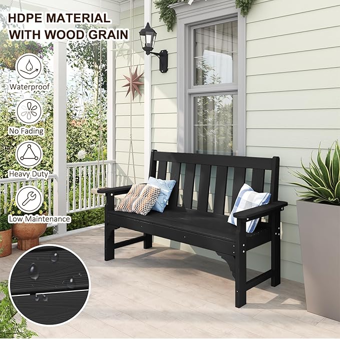 nalone Outdoor Bench, HDPE All Weather Patio Bench Load up to 800 Lbs, 2-Person Garden Bench Rot-Proof Fade Proof for Patio, Porch, and Park (Black)