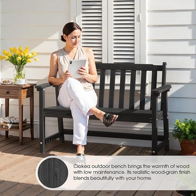 Ciokea 48" Outdoor Bench, HDPE Weatherproof Porch Bench, 2-Person Garden Benches with 550 Lbs, Waterproof Patio Benches for Outside Balcony Deck Backyard, Black