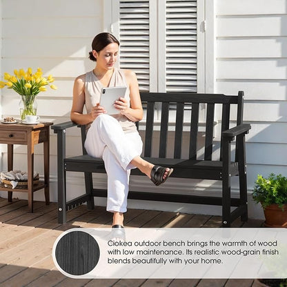 Ciokea 48" Outdoor Bench, HDPE Weatherproof Porch Bench, 2-Person Garden Benches with 550 Lbs, Waterproof Patio Benches for Outside Balcony Deck Backyard, Black