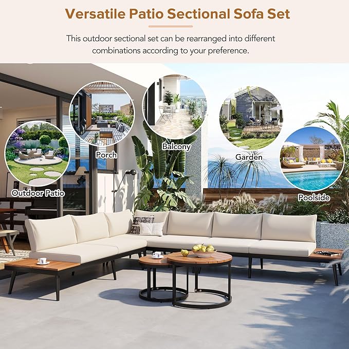 Modern Outdoor Sectional Sofa Set with Round Nesting Coffee Tables and Cushions, 6-Piece Patio Furniture Set for Porch - Photo 8