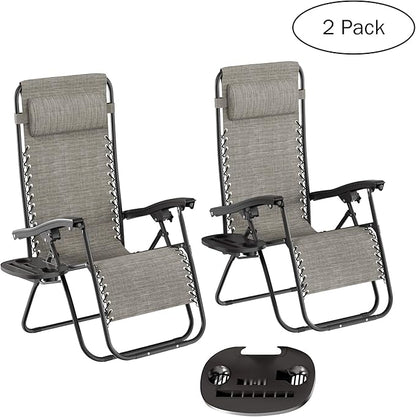 Lavish Home Zero Gravity Lounge Chairs- Set of 2- Gray Folding Anti-Gravity Recliners- Side Table, Cup Holder & Pillow-for Outdoor Lounging
