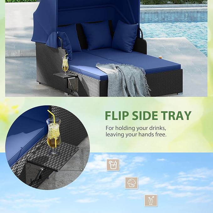 ORALNER Outdoor Daybed, 2-Person Wicker Patio Sofa with Retractable Canopy, Cushions & Pillows, 2 Side Trays - Photo 4