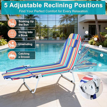 MOPHOTO Beach Tanning Chair, 5-Position Tanning Chair with Padded Face-Hole, Heavy Duty Folding Chaise Lounge for Beach, Pool, Patio & Sunbathing