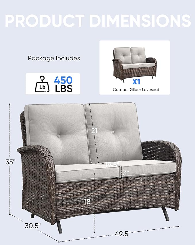 Outdoor Glider Bench-2 Seater Patio Glider Loveseat with High Back and Deep Seating Outdoor Couch for Deck Porch Garden - Photo 2