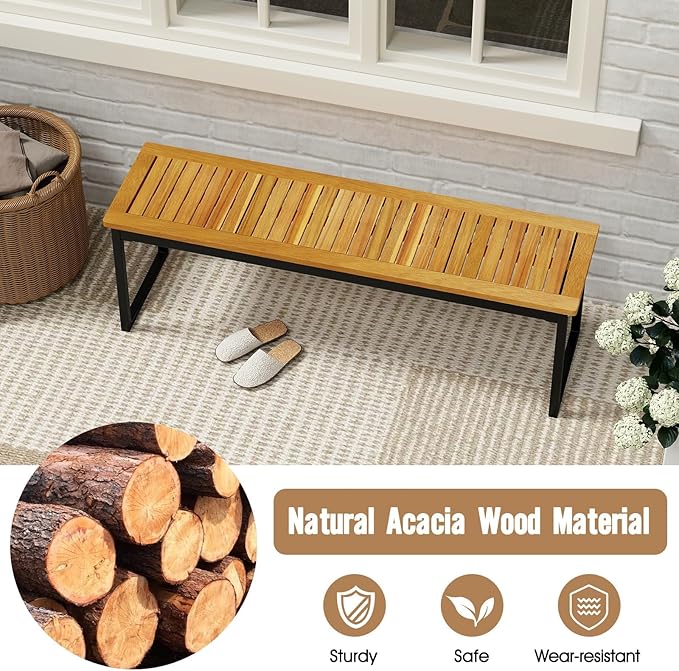 HAPPYGRILL Acacia Wood Patio Dining Bench with U-Shaped Metal Legs, Adjustable Foot Pads, 800 LBS Bistro Bench for Dining Room, Garden, Poolside