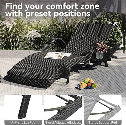 Yayzy 80'' Long Outdoor Wicker Chaise Lounge Chairs Set of 2, Patio Rattan Reclining Chair with Adjustable Backrest & Armrests, Durable PE Rattan Sunbathing Chairs for Pool, Garden, Backyard, Black