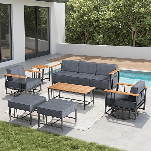 Patio Furniture Set of 7,with 6-inch Thick Cushion Outdoor Furniture Set,Patio Chair Set with Sofa,Wood Grain - Photo 1
