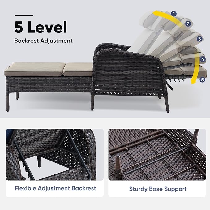 Belord Outdoor Chaise Lounge Patio Recliner - 75 Inch Adjustable Wicker Chaise Lounge with Soft Pillow Removable - Photo 4