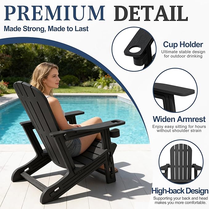 Vongrasig Adirondack Chairs Set of 2 with Removable Tabletop, All-Weather HDPE Outdoor Chair Set with Wooden Textured, Cup Holder for Patio, Poolside, Deck, Garden, Black