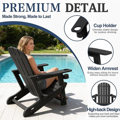 Vongrasig Adirondack Chairs Set of 2 with Removable Tabletop, All-Weather HDPE Outdoor Chair Set with Wooden Textured, Cup Holder for Patio, Poolside, Deck, Garden, Black