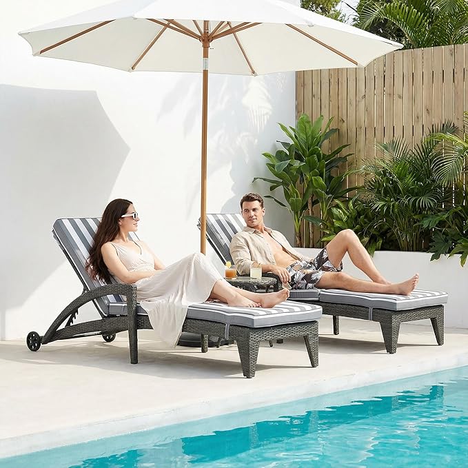 Chaise Lounge Chairs Set of 4, Upholstered 5-Positions Adjustable Pool Loungers, 80" Long Wicker Outdoor Lounge Chairs, Patio Chaise Lounges with Wheels for Sunbathing/Deck/Yard, Stripe