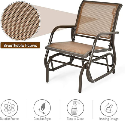 Giantex Swing Glider Chair W/Study Metal Frame Comfortable Patio Chair Love-Seat for Garden, Porch, Backyard, Poolside, Lawn Outdoor Rocking Chair (2, Brown)