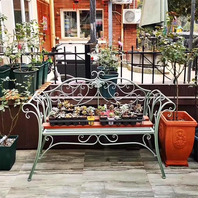 Retro Outdoor Bench Rustic Metal Garden Bench 2 People Outdoor Bench Garden Bench Front Porch Furniture Patio Lawn Yard Park, Indoor and Ourdoor Decor(Green)