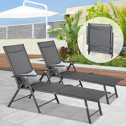 Esright Outdoor Chaise Lounge Set of 2, Adjustable Reclining Folding Pool Lounger for Poolside, Outside/370lb Weight Capacity, Grey