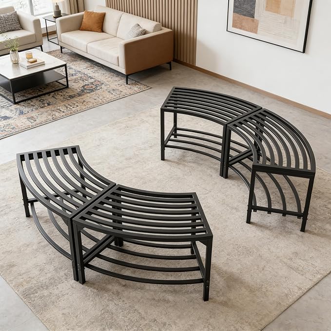 Metal Curved Fire Pit Bench Set of 4,Heavy Duty Steel Backless Benches, Weatherproof Garden Chair Seating Suitable for Backyard, Garden, Porch, and Patio (Black)