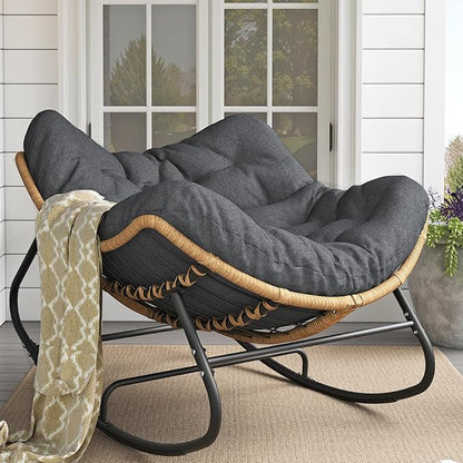 Outdoor Rocking Chair, Oversized Papasan Chair, Indoor Comfy Lounge Rocker with Cushion for Patio, Living Room, Porch, Balcony-Dark Grey