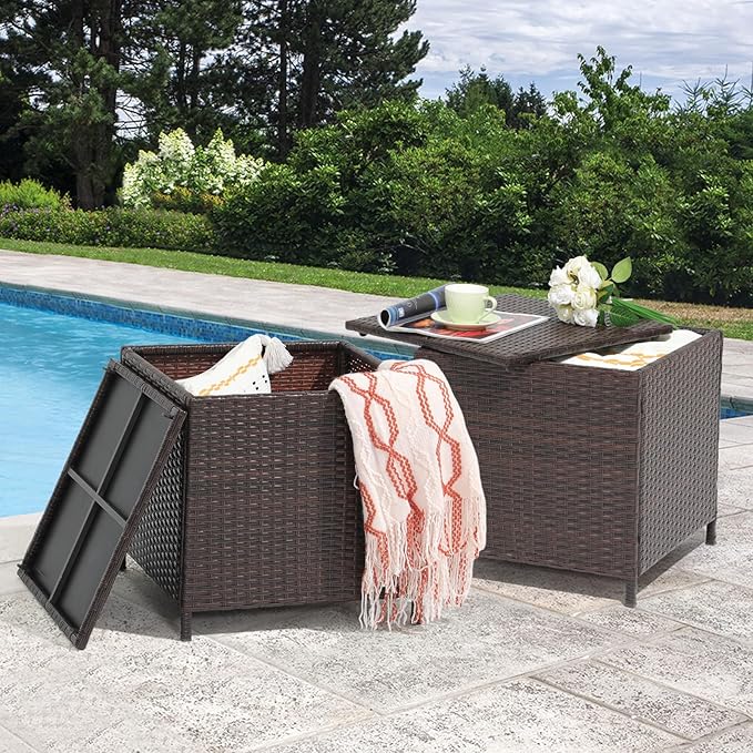 Verano Garden Outdoor Wicker Side Table Set of 2, Small Storage Rattan Wicker End Table, Square Resin Coffee Table for Garden Porch Deck Living Room Backyard