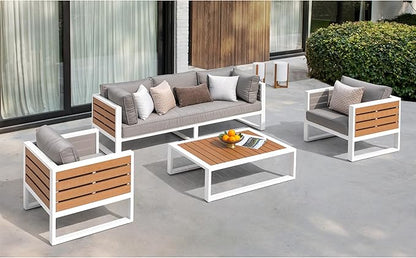 NUU GARDEN Outdoor Rectangle Coffee Table, Powder-Coated Aluminum Frame, 40'' x 15'' Slatted Imitation Wood Tabletop, for Patio, Garden, Backyard and Balcony, White