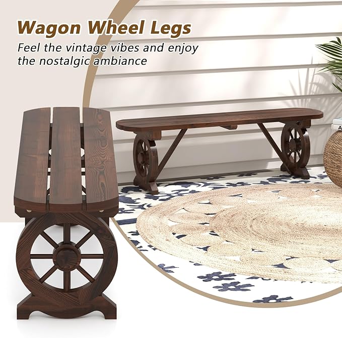 Giantex 2-Person Wooden Outdoor Bench with Wagon Wheel Legs, Slatted Seat, Rustic Country Design, 710 Lbs Weight Capacity, Patio Bench for Porch, Lawn, Backyard, Park, Garden, Brown (47”)