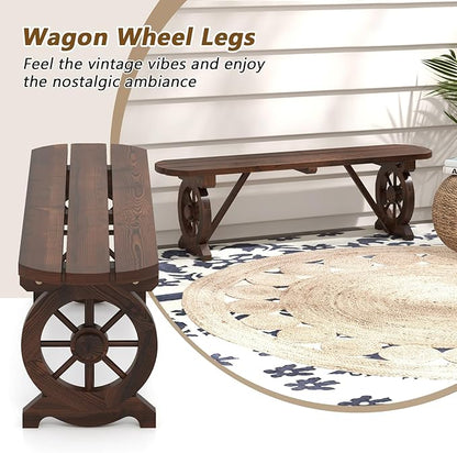 Giantex 2-Person Wooden Outdoor Bench with Wagon Wheel Legs, Slatted Seat, Rustic Country Design, 710 Lbs Weight Capacity, Patio Bench for Porch, Lawn, Backyard, Park, Garden, Brown (47”)