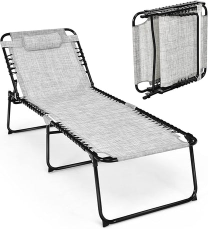 Tangkula Widen Folding Chaise Lounge Chair, Portable Camping Recline Chair w/4 Backrest Positions, 2 Leg Positions, Pillow, Sunbathing Beach Chair for Outdoor, Lawn, Patio, Support 400lbs (1, Grey)