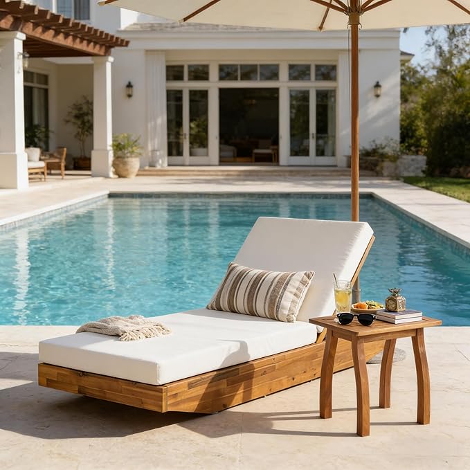 Acacia Wood Chaise Lounge with Cushion - Teak Finish Outdoor Recliner with Cream Water-Repellent Cushion - Photo 1