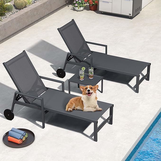 PURPLE LEAF Modern Charcoal Grey Patio Chaise Lounge Set for 2 with Adjustable Pool Chaise Lounge Chair and Table - Photo 3