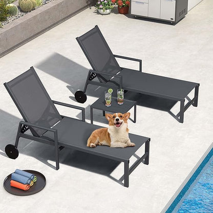 PURPLE LEAF Modern Charcoal Grey Patio Chaise Lounge Set for 2 with Adjustable Pool Chaise Lounge Chair and Table Included
