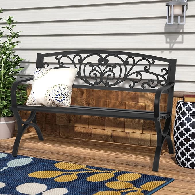 Patio Garden Bench 50 inch Outdoor Metal Loveseat Chairs with Armrests Slatted Seat and w/Floral Design Backrest for - Photo 7