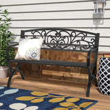 Patio Garden Bench 50 inch Outdoor Metal Loveseat Chairs with Armrests Slatted Seat and w/Floral Design Backrest for - Photo 7