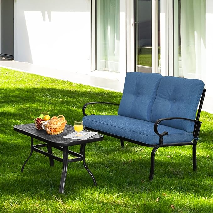 RELAX4LIFE Patio Loveseat with Coffee Table - 2-Piece Patio Conversation Sofa Set w/Backrest & Cushions, Modern Outdoor Glider Bench for Garden, Backyard, Poolside, Metal Porch Furniture (Blue)