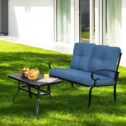 RELAX4LIFE Patio Loveseat with Coffee Table - 2-Piece Patio Conversation Sofa Set w/Backrest & Cushions, Modern Outdoor Glider Bench for Garden, Backyard, Poolside, Metal Porch Furniture (Blue)
