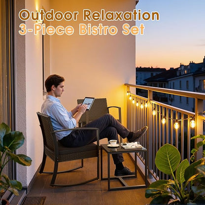Greesum 3 Pieces Outdoor Furniture Set Patio Bistro Rocking Chairs with Glass Coffee Table for Pool Beach Backyard Balcony Porch Deck Garden, Black
