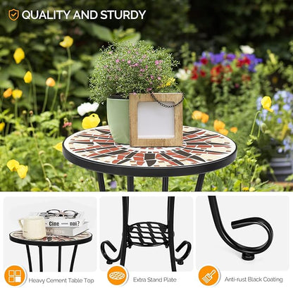 VINGLI Mosaic Outdoor Side Table, 14" Round End Table, Accent Table, Ceramic Tile Top Black Iron,Brown Flower