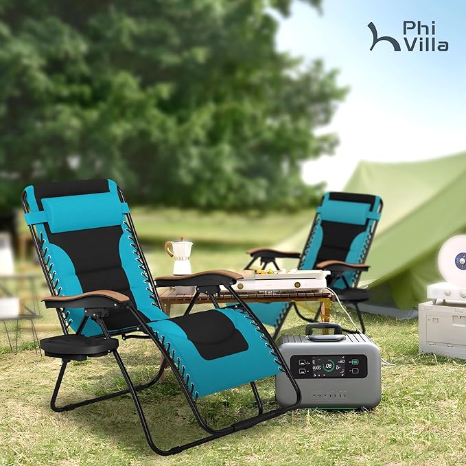 PHI VILLA XXL Oversized Padded Zero Gravity Chair Set of 2, Foldable Patio Recliner, 30" Wide Seat Anti Gravity Lounger with Armrest and Cup Holder, Support 400 LBS (Aqua Blue)