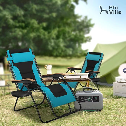 PHI VILLA XXL Oversized Padded Zero Gravity Chair Set of 2, Foldable Patio Recliner, 30" Wide Seat Anti Gravity Lounger with Armrest and Cup Holder, Support 400 LBS (Aqua Blue)