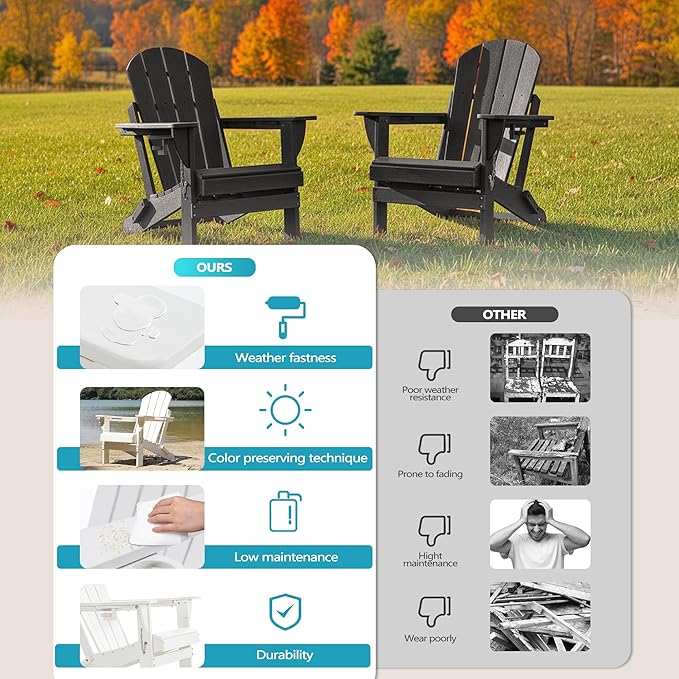 Folding Outdoor Adirondack Chairs Set of 2 with High&Reclining Back-HDPE Weather Resistant Patio Chairs with Cup and Phone Holder for Patio,Fire Pit, Garden and Backyard