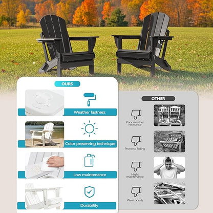 Folding Outdoor Adirondack Chairs Set of 2 with HDPE Side Tables-Plastic Weather Resistant Patio Chairs with Small Outdoor Side Tables 2 Storage for Patio,Fire Pit, Garden and Backyard