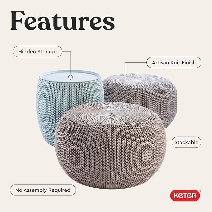 Keter Urban Knit Pouf Ottoman Set of 2 with Storage Table for Patio and Room Décor - Perfect for Balcony, Deck - Photo 5