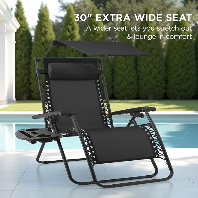 Best Choice Products 30” Wide Folding Zero Gravity Outdoor Recliner Patio Lounge Chair w/Adjustable Canopy Shade - Photo 3