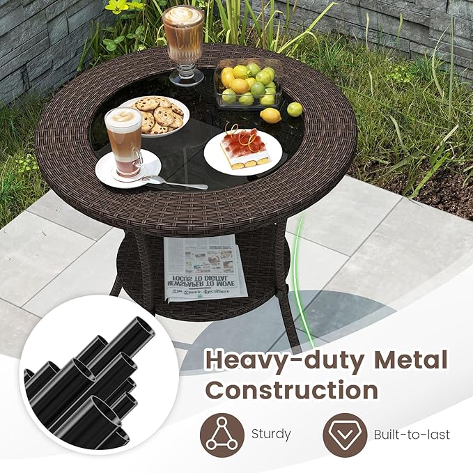 Giantex Round Rattan Wicker Outdoor Coffee Table Glass Top Steel Frame Patio Furniture W/Lower Shelf (Round)