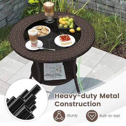 Giantex Round Rattan Wicker Outdoor Coffee Table Glass Top Steel Frame Patio Furniture W/Lower Shelf (Round)