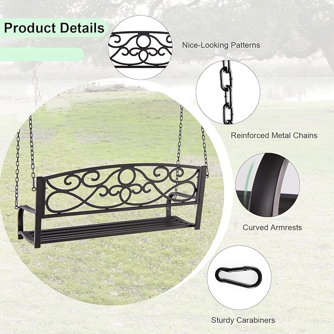 Giantex Metal Porch Swings 2 Person Outdoor Hanging Garden Bench with Sturdy Chains, Wide Seat & Curved Armrests - Photo 5