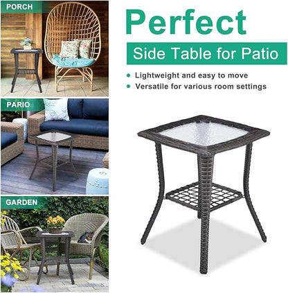 Outdoor Wicker Side Table, Rattan End Table with Glass Top, Patio Coffee Bistro Table for Indoor Garden Porch Balcony (Grey)