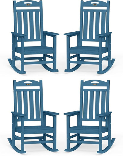 Oversized Outdoor Rocking Chairs Set of 4, High Back Porch Rocking Chair, HDPE All Weather Resistant Patio Chairs, 380lbs Weight Capacity, Navy Blue