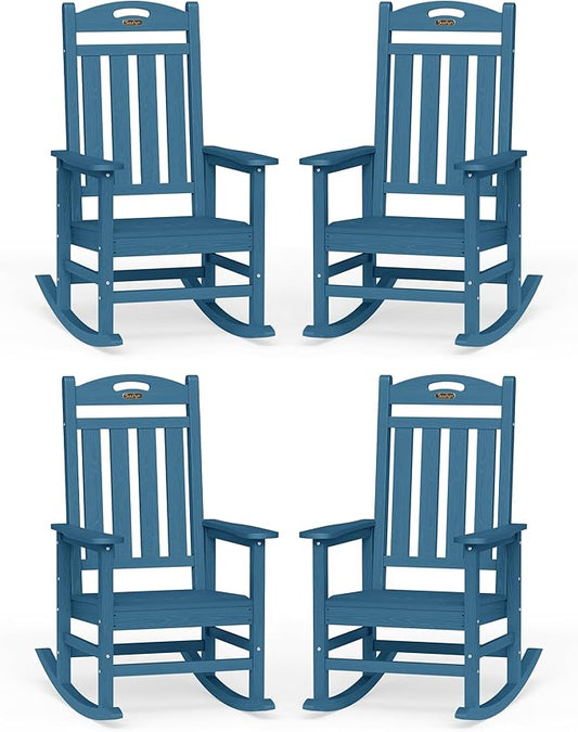 Oversized Outdoor Rocking Chairs Set of 4, High Back Porch Rocking Chair, HDPE All Weather Resistant Patio Chairs, 380lbs Weight Capacity, Navy Blue