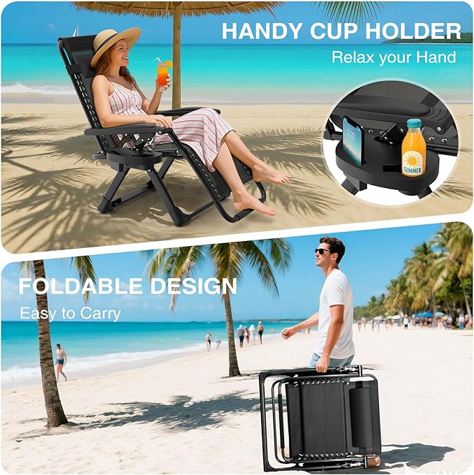 Suteck Zero Gravity Chair, Reclining Camping Lounge Chair w/Removable Cushion, Upgraded Lock and Cup Holder - Photo 6
