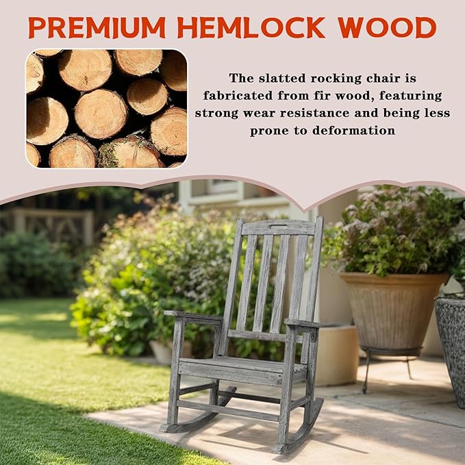 Wooden Rocking Chair Outdoor, Ergonomic High Back Patio Rocking Chairs, Porch Rocker for Backyard/Lawn/Patio/Garden/Balcony/FirePit/Indoor (Light Gray-1)